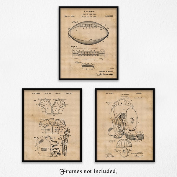 Vintage Football Patent Prints, 3 Unframed Photos, Vintage Wall Art Decor Gifts for Home Office Man Cave Student Teacher Sports Coach Futbol
