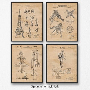 Vintage NASA Space Program Patent Prints, 4 Unframed Photos, Wall Art Decor Gifts for Home Office Man Cave Student Pilot Aviation Explorer