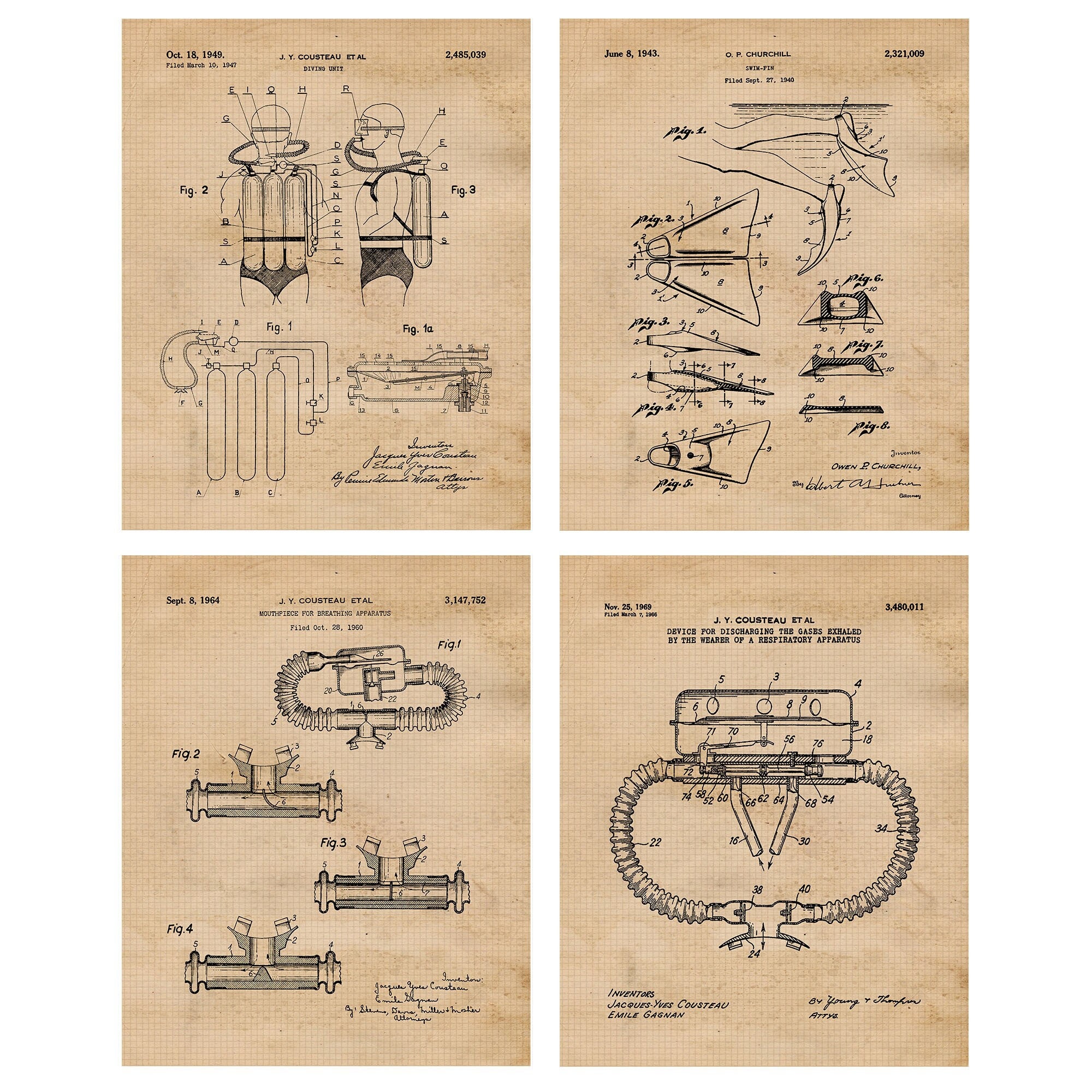 Vintage Scuba Diving Patent Prints, 4 Unframed Photos, Wall Art Decor ...