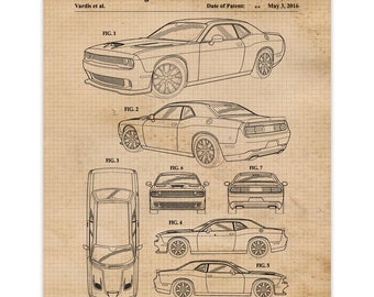 Vintage Challenger Hellcat Patent Prints, 1 Unframed Photos, Wall Art Decor Gifts for Home Gears Office Dodge MOPAR Garage Engineer Student