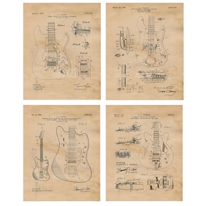 Vintage Electric Guitar Patent Prints, 4 Unframed Photos, Wall Art Decor Gifts for Home Office Fender Garage Band Student Teacher Rock Roll
