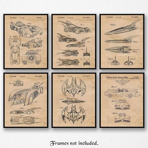 Vintage Movie Heroes Vessels Patent Prints, 6 Unframed Photos, Wall Art Decor Gifts for Home Office Garage Student Comic-Con Dark Knight Fan