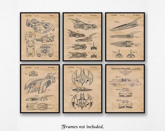 Vintage Movie Heroes Vessels Patent Prints, 6 Unframed Photos, Wall Art Decor Gifts for Home Office Garage Student Comic-Con Dark Knight Fan