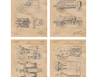 Vintage Farming Tractor Patent Prints, 4 Unframed Photos, Wall Art Decor for Home Work Office John Deere Garage Shop Student Country Farmer