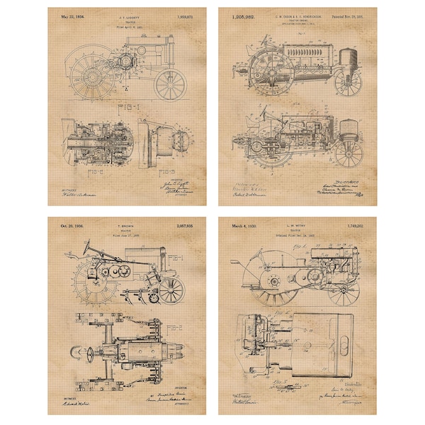 Vintage Farming Tractor Patent Prints, 4 Unframed Photos, Wall Art Decor for Home Work Office John Deere Garage Shop Student Country Farmer