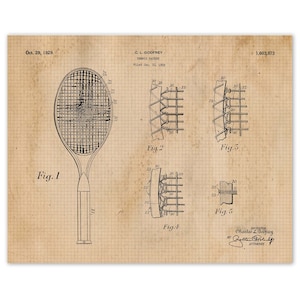 Puede incluir: Un dibujo en blanco y negro de una patente de raqueta de tenis. La patente es para una raqueta de tenis con un diseño único para las cuerdas. El dibujo de la patente muestra la raqueta desde diferentes ángulos. El número de patente es 1.603.973. La patente se presentó el 21 de enero de 1929 y se concedió el 29 de octubre de 1929. El inventor es Charles L. Godfrey.