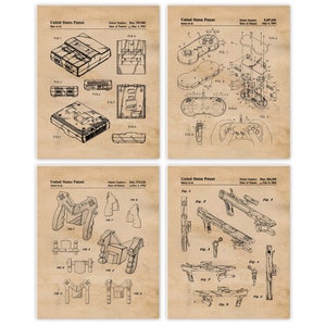 Vintage Video Games Patent Prints, 4 Unframed Photos, Wall Art Decor Gifts for Home Office Garage Student Teacher Comic-Con Nintendo Gamers