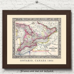 Vintage Ontario Kanada 1864 Kartendruck, 1 ungerahmte Fotos, Wandkunst-Dekor für Haus Büro Garage Mannhöhle Schule Geographie Studentenlehrer