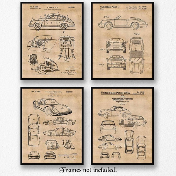 Vintage Classic Cars 356, 904, 911 Patent Prints, 4 Unframed Photos, Wall Art Decor Gifts for Home Office Man Cave Garage Student Teacher