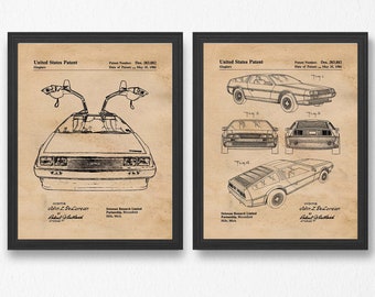 DeLorean DMC Patent Prints, 2 Unframed Photos, Wall Art Decor Gifts for Home Office Man Cave Garage Shop Student Teacher Comic-Con Movies