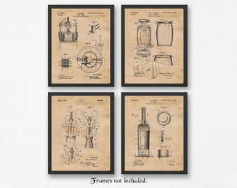 Vintage Wine Bottle Tools Patent Prints, 4 Unframed Photos, Wall Art Decor Gifts for Home Office Garage Shop Diner Bar College Student Cook