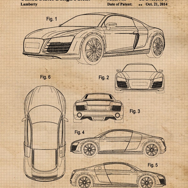 Vintage R8 Auto Patent Prints, 1 Unframed Photos, Wall Art Decor Gifts for Home Office Garage Shop Student Teacher F1 Audi Team Car Racing