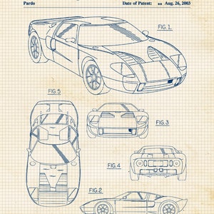 May include: A blueprint style illustration of a Ford GT40 race car design patent. The patent number is US D478,843 S and the date of patent is August 26, 2003. The image shows five different views of the car, including a side view, a front view, a rear view, and two top views.