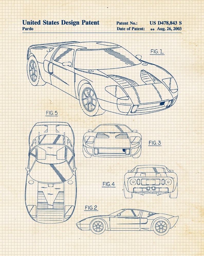May include: A blueprint style illustration of a Ford GT40 race car design patent. The patent number is US D478,843 S and the date of patent is August 26, 2003. The image shows five different views of the car, including a side view, a front view, a rear view, and two top views.