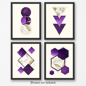 Purple Gold Geometric Wall Art, 4 Abstract Prints, Modern Scandinavian Boho Decor for Home Office Studio Student Teacher Interior Design