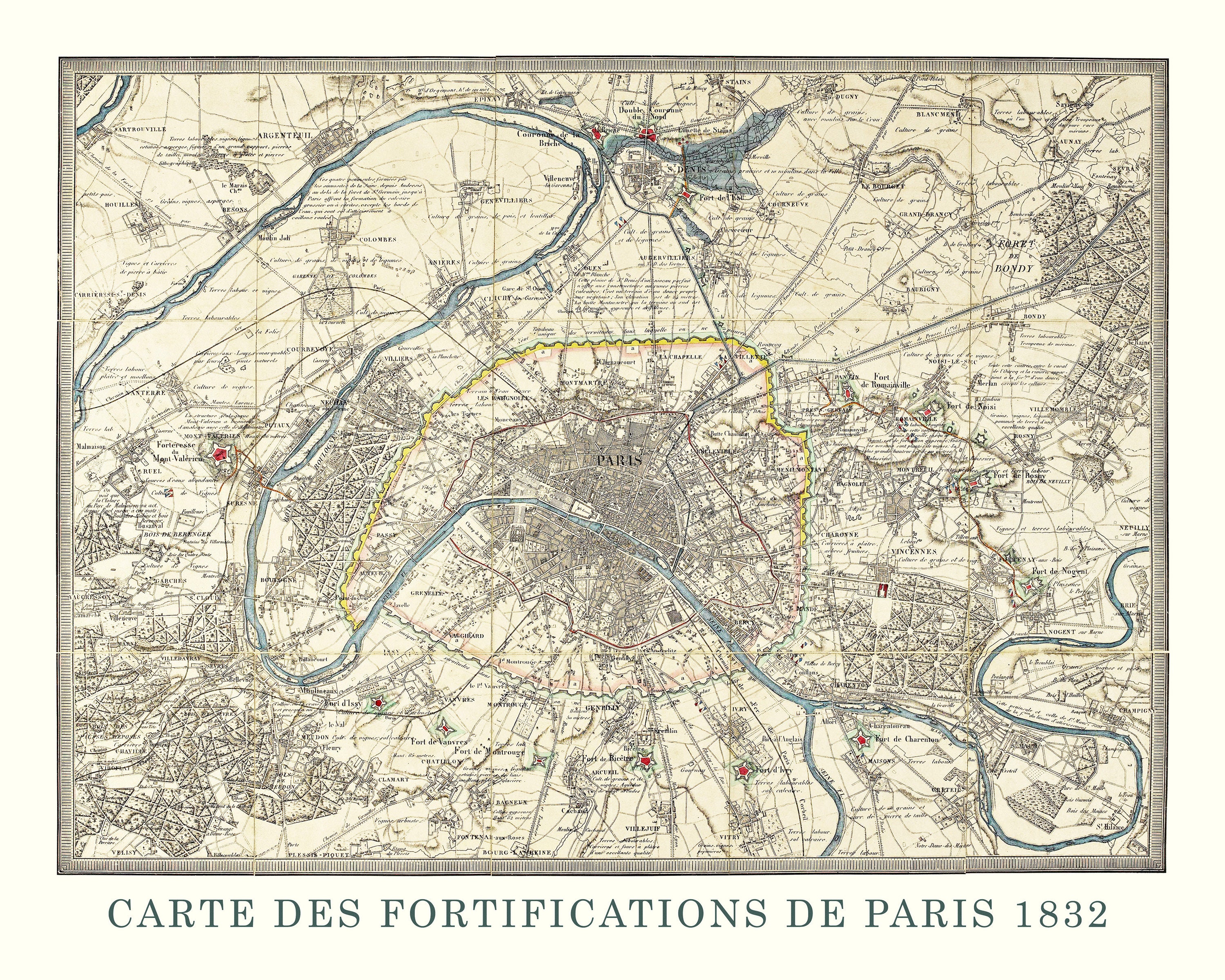版画　PARIS  12 Vintage 1832 Paris France Replica Map Prints, 1 Unframed Photos