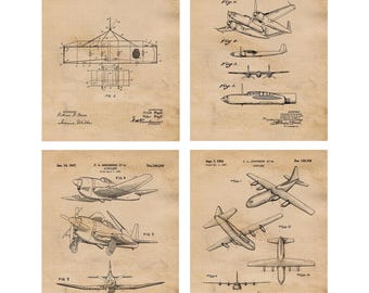 Wright Bros Howard Hughes C130 Hercules Airplane Flying Machine Patent Prints, 4 Unframed Photos, Wall Art Decor for Home Work Office School
