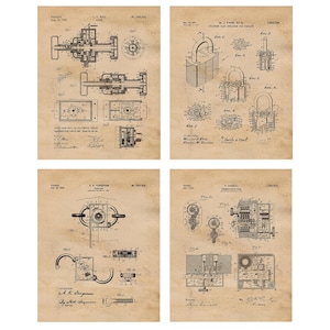 May include: Four vintage patent prints featuring detailed technical drawings of locks and related mechanisms. The prints are in black ink on a tan grid paper background, showcasing the intricate designs and diagrams.