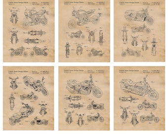 Classic Motorcycle Patent Prints, 6 Unframed Photos, Wall Art Decor for Home Office Machine Garage Shop Student Teacher Harley Bike Engineer
