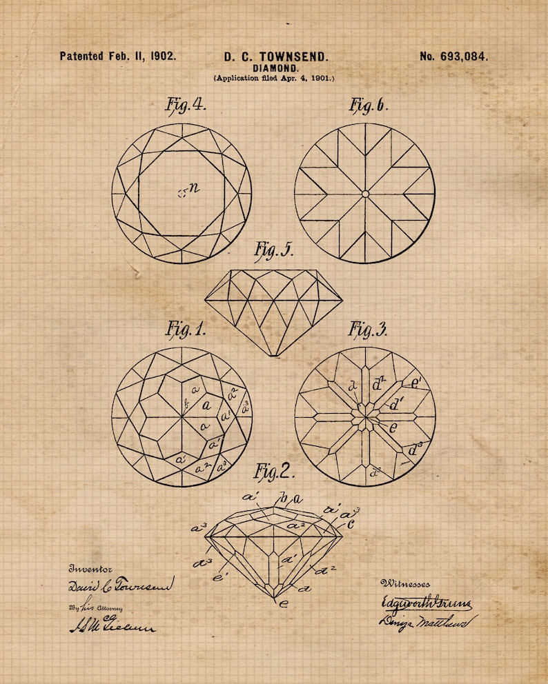 Vintage Jewelry Diamond Gemstones Cut Patent Prints, 6 Unframed Photos ...