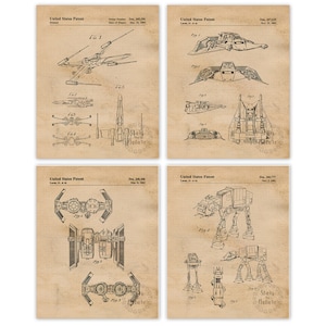 Classic Star Vessels Wars Patent Prints, 4 Unframed Photos, Wall Art Decor Gift for Home Work Office School Student Teacher SciFi ComicCon