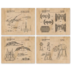 Vintage Star Vessels Patent Prints, 4 Unframed Photos, Wall Art Decor Gifts for Home Office Man Cave Student Sci-Fi Wars Movie Comic-Con Fan