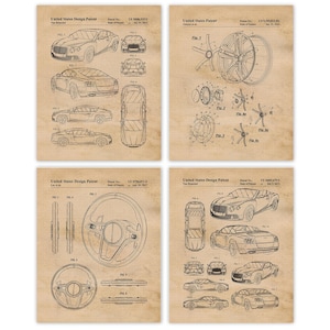 May include: A set of four vintage-style United States Design Patent prints featuring a luxury car. The prints are in black and white and have a beige background. The text on the prints includes the patent number, date, and inventor's name.