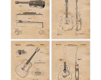 Vintage Acoustic Guitar Patent Prints, 4 Unframed Photos, Wall Art Decor Gifts  for Home Office Man Cave Music School Student Teacher Band