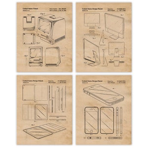 Classic Computer Mobile Device Patent Prints, 4 Unframed Photos, Wall Art Decor Gift for Home Apple Office Shop School Tech Student Teacher