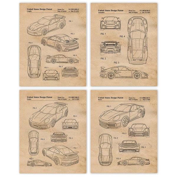 Vintage 911 Automobile Patent Prints, 4 Unframed Photos, Wall Art Decor for Home Office Garage Man Cave  F1 Team Porsche Racing Champion Fan