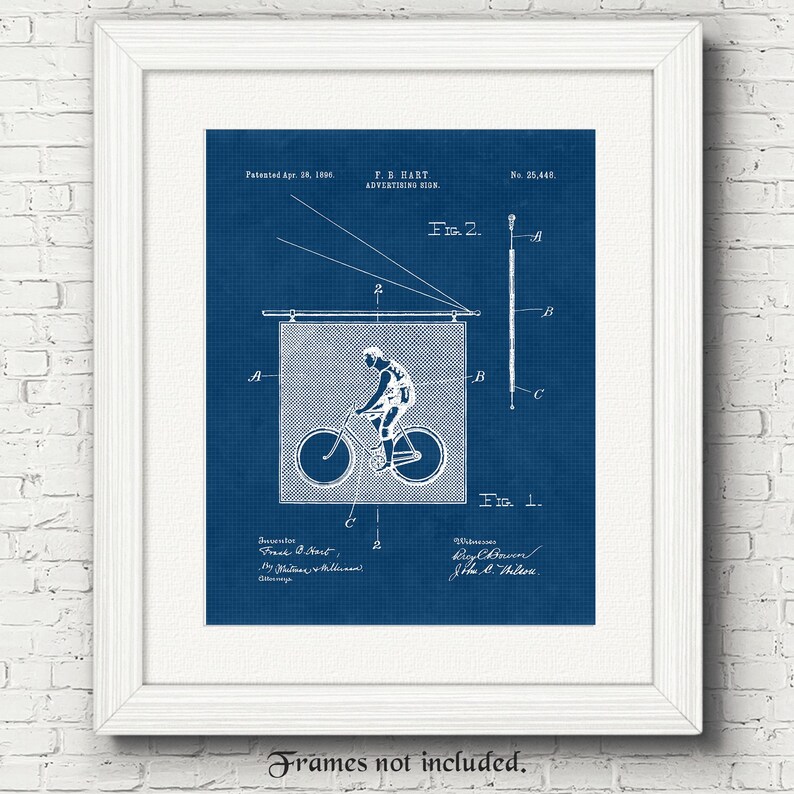 May include: A vintage blueprint style illustration of a patent for an advertising sign featuring a cyclist riding a bicycle. The patent is dated April 28, 1886 and is titled "F.B. Hart Advertising Sign". The patent number is 25,448.