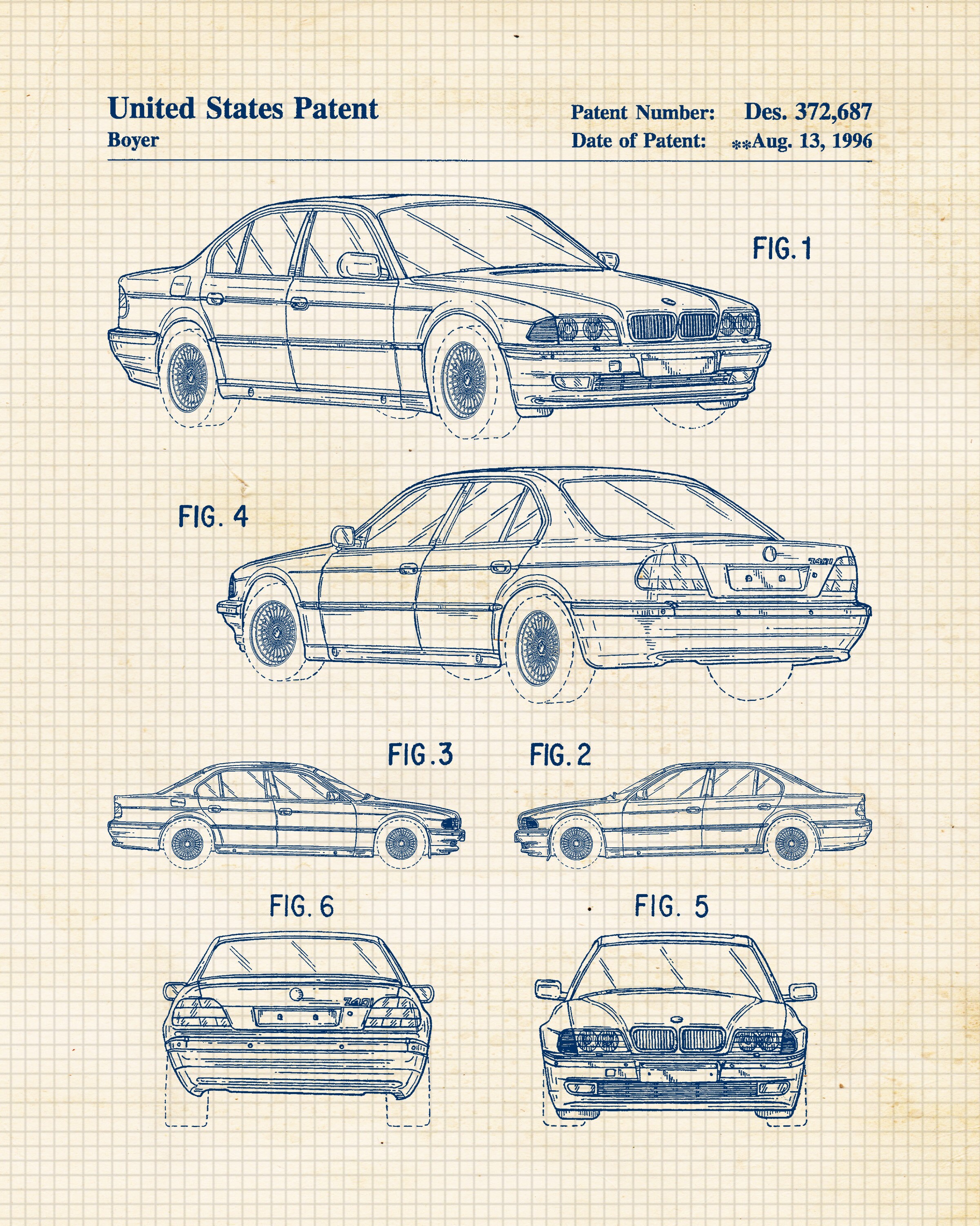 クラシックな自動車特許プリント、フレームなし写真6枚、自宅、BMW