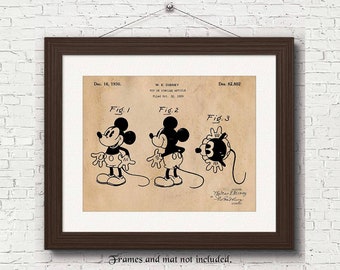 Vintage Mickey Mouse Patent Prints, 1 Unframed Photos, Wall Art Decor Gifts for Home Office Man Cave Student Teacher Walt Disney Movies Fan