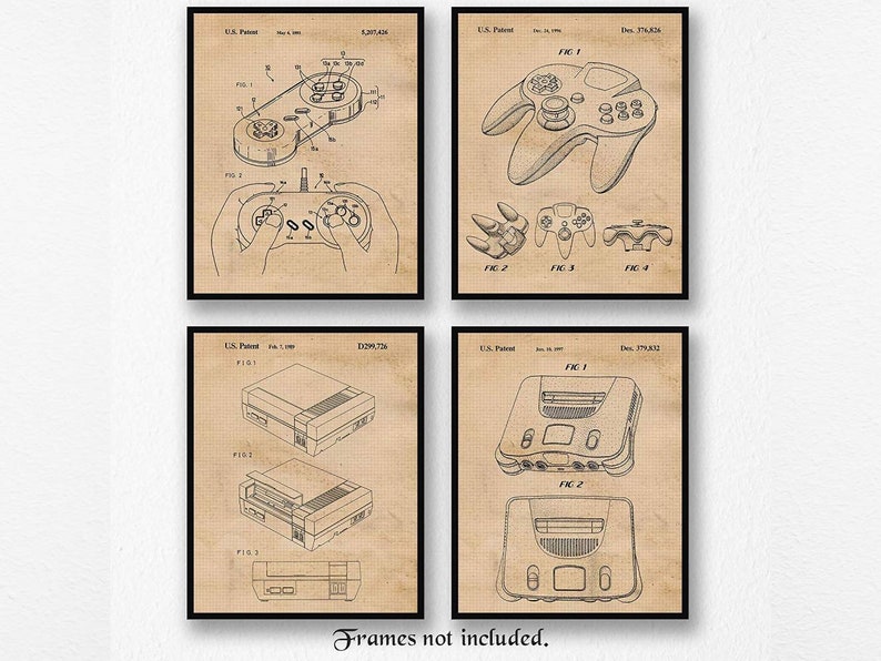 Vintage Video Games Patent Prints, 4 Unframed Photos, Wall Art Decor for Home Office Man Cave Online Gamers Comic-Con Nintendo Gaming Fans 