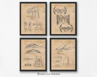Star Vessels Vehicles Patent Poster Prints, 4 Unframed Photos, Wall Art Decor Gifts for Home Office Man Cave Student Sci Fi & Wars Movie Fan