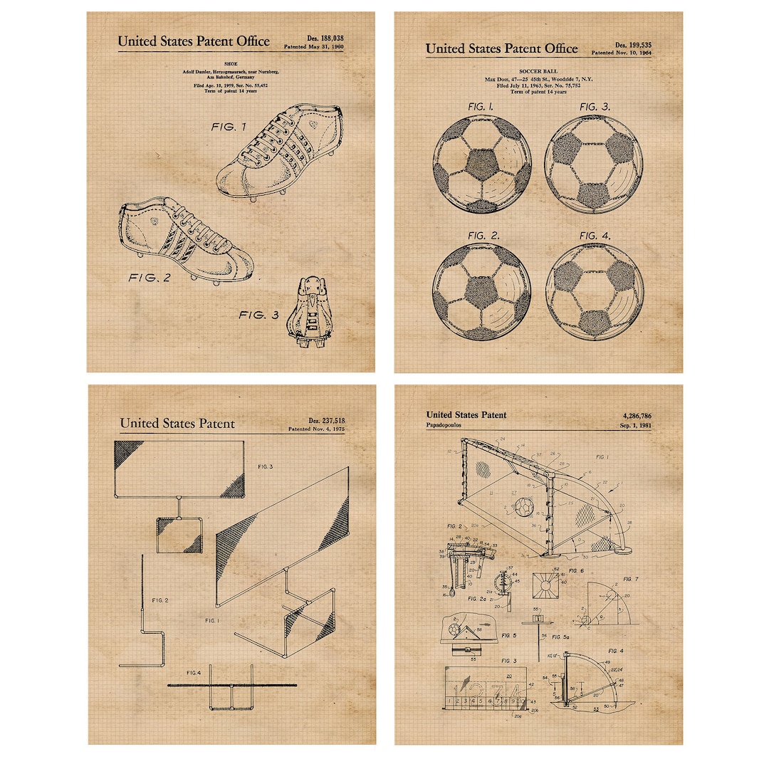 Vintage Soccer Practice Goals Patent Prints, 4 Unframed Photos, Wall