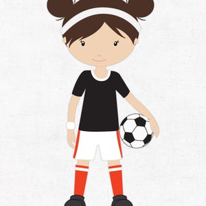 May include: Illustration of a soccer player with brown hair in space buns, wearing a black and white soccer uniform. The player is holding a black and white soccer ball. The uniform includes a white headband, white shorts, and red socks.