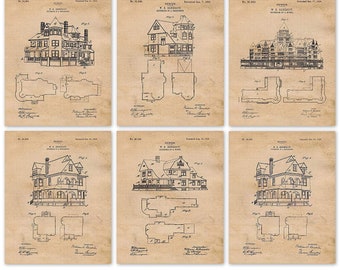 Vintage House Patent Prints, 6 Unframed Photos, Wall Art Decor for Home Office Man Cave Architect Builder Land Construction Student Teacher