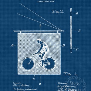May include: A blue and white blueprint of a patent for an advertising sign featuring a cyclist riding a bicycle. The patent is titled "Advertising Sign" and was patented on April 28, 1896. The patent number is 25,448.