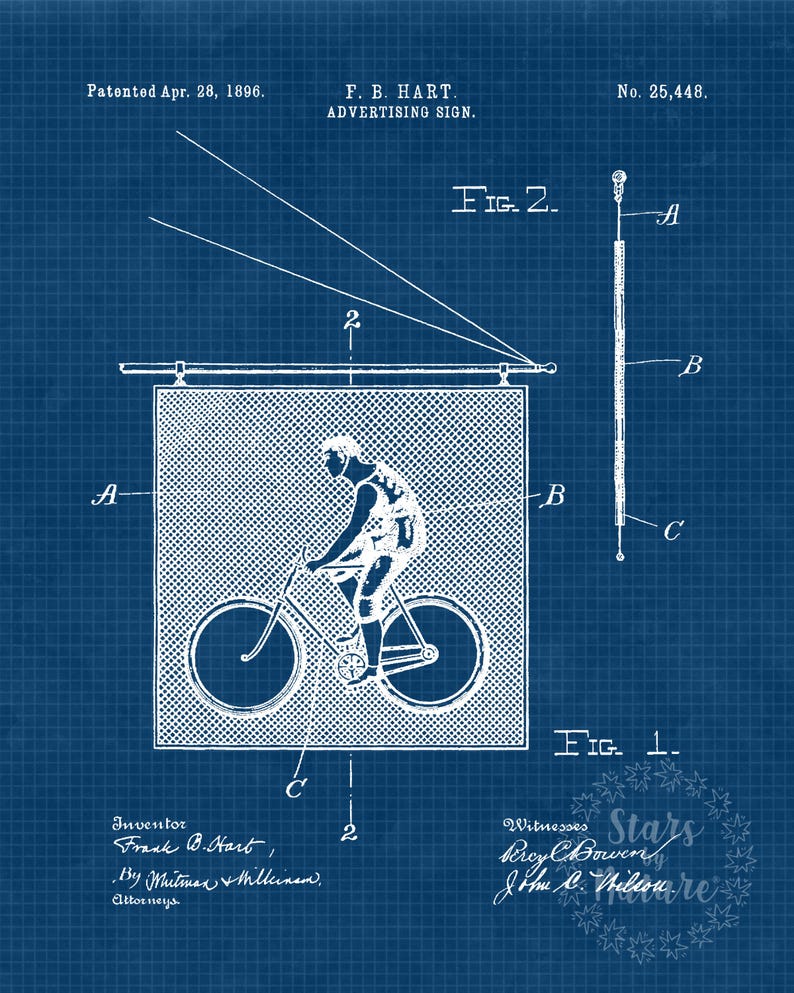 May include: A blue and white blueprint of a patent for an advertising sign featuring a cyclist riding a bicycle. The patent is titled "Advertising Sign" and was patented on April 28, 1896. The patent number is 25,448.