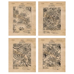 May include: Four vintage design prints featuring detailed black and white illustrations of floral and oriental scenes. Each print is on a tan grid background with text at the top and bottom.