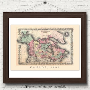 Vintage Kanada 1855 Karte Prints, 1 ungerahmte Fotos, Wandkunst-Dekor für Zuhause Büro Schule Schüler Lehrer Welt Geographie Forscher Klassenzimmer