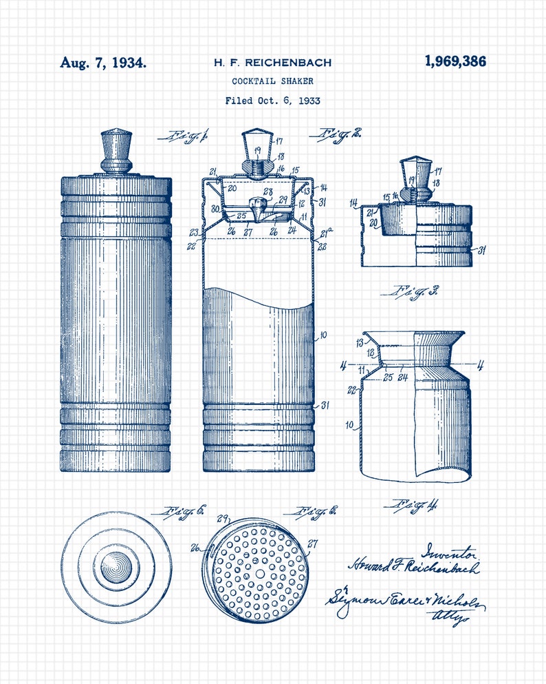 Vintage Bartender Cocktail Wine Patent Prints, 6 Unframed Photos, Wall Art Decor Gifts for Home Office Man Cave Bar Garage Shop Student Fans White Navy