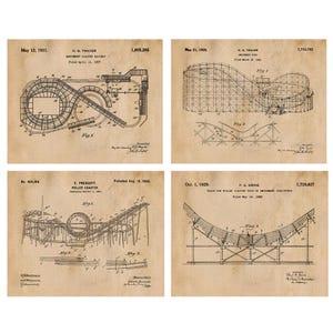 Vintage Roller Coaster Theme Park Rides Patent Prints, 4 Unframed Photos, Wall Art Decor for Home Work Office School Student Teacher Coach
