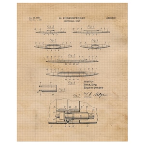 Puede incluir: Un dibujo técnico en blanco y negro de un diseño de barco seccional. El dibujo muestra diferentes vistas del barco, incluyendo el interior y el exterior. El dibujo está etiquetado con números y letras, e incluye el texto "H. Engensperger Sectional Boat" y "2,666,933".
