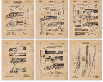 Winchester Bolt Action Lever Rifle Patent Prints, 6 Unframed Photos, Wall Art Decor for Home Work Office Gun Ammo Target Gears Garage Shop