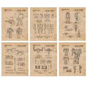 May include: A set of six vintage-style patent drawings for transforming robots. Each drawing features a different robot in both its robot and vehicle forms, with detailed line drawings and text.