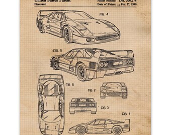 Vintage F40 Patent Prints, 1 Unframed Photos, Wall Art Decor Gifts for Home Office Man Cave Engineer Student Ferrari F1 Team Racing Champion