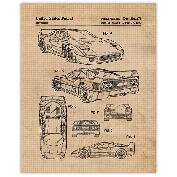 Vintage F40 Patent Prints, 1 Unframed Photos, Wall Art Decor Gifts for Home Office Man Cave Engineer Student Ferrari F1 Team Racing Champion