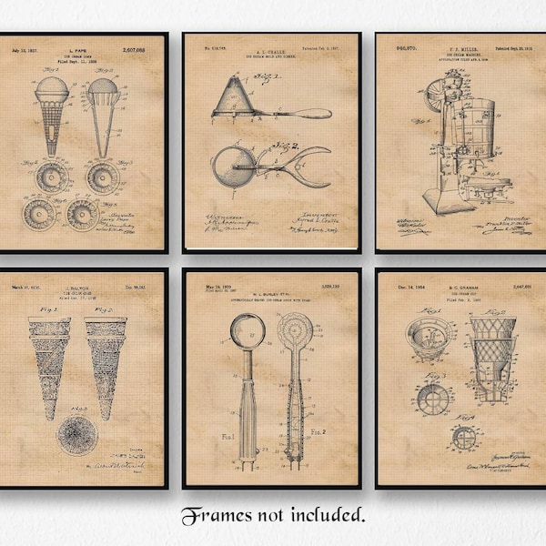 Vintage Ice Cream Patent Print, 6 Unframed Photos, Wall Art Decor Gifts for Home Office Kitchen Ice Cream Parlor, Student Teacher Sous Chef